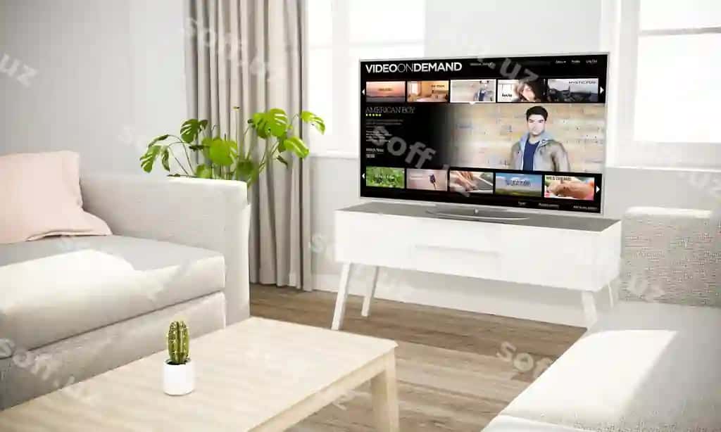 Televizor filmlarni stream qiladigan skandinav ichki dekoratsiyasi kulrang divan bilan 3d render | Television streaming movies scandinavian interior with gray sofa 3d rendering
