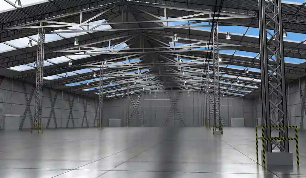 Uyingizda derazalari bo'lgan bo'sh ombor bir nechta ustunli 3D rasm | Empty warehouse with roof windows several pillars 3d illustration