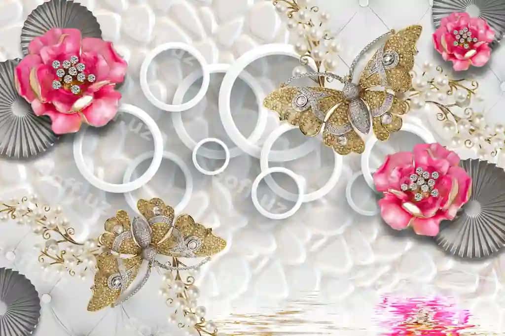 Gulli fon oltin va pink kotirlari va gullar bilan | Floral background with gold pink butterflies flowers