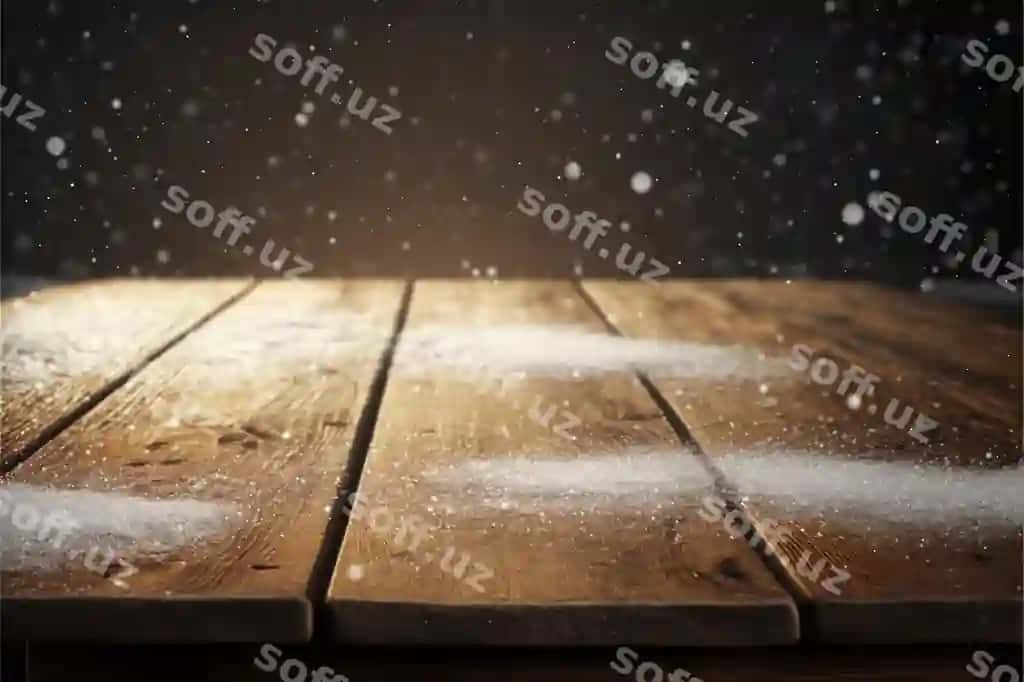 Yongʻoqli stol qor matbidasi bilan | Wooden table with snow texture background