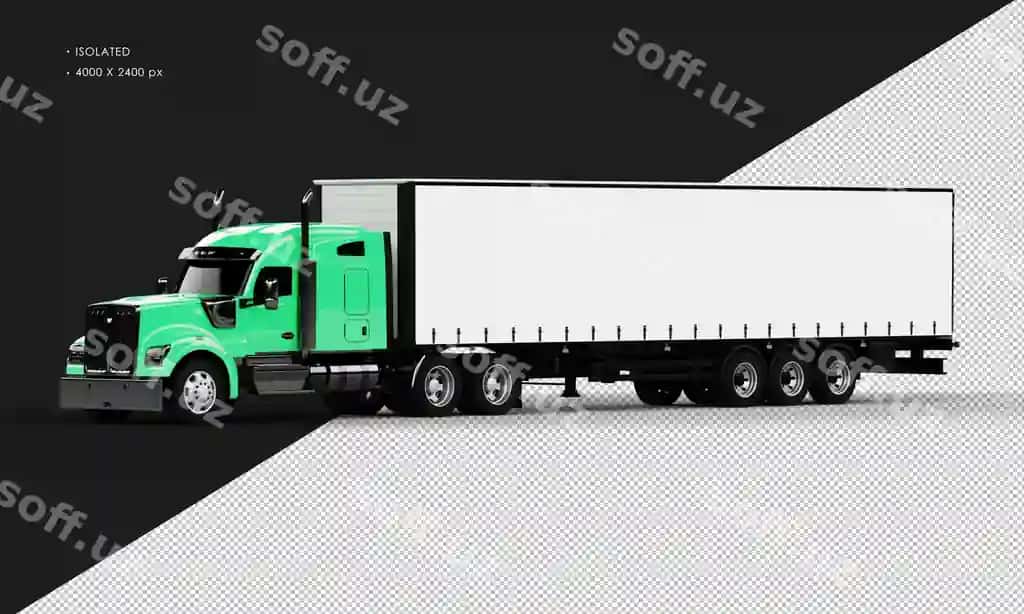 Ajraltirilgan realistik parqli yashil uzun trailernoy yuk avtomobili chap oldan | Isolated realistic shiny green long trailer truck from left front