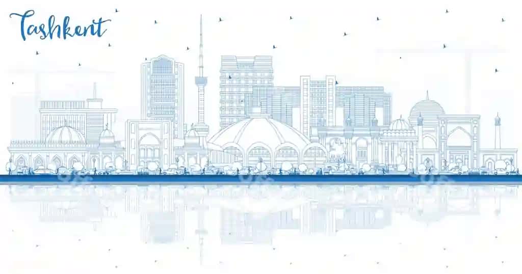 Chiziq Toshkent shahri silueti ko'k binolarning aks ettirishlari bilan | Outline tashkent uzbekistan city skyline with blue buildings reflections