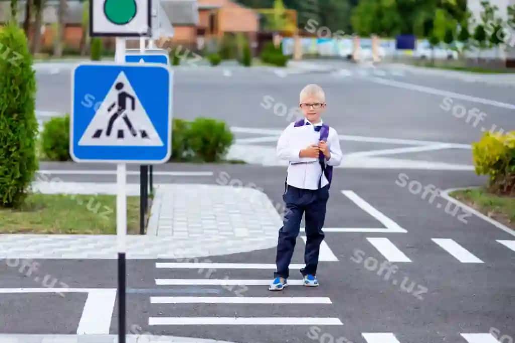 Sariq maktab o'quvchisi ko'zoynakli xalta bilan maktab piyodalar o'tish joyidan o'tib ketmoqda | Blond schoolboy with glasses backpack goes school pedestrian crosswalk