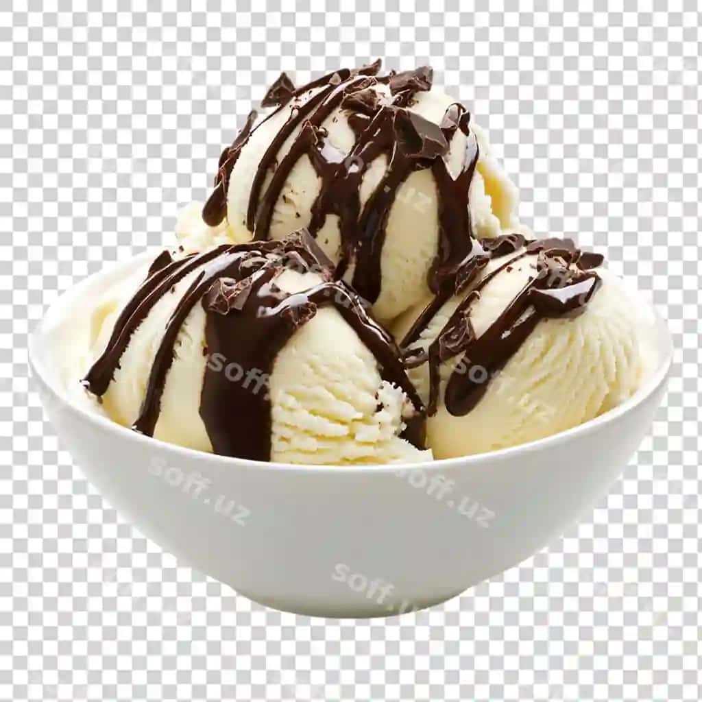Shokoladli vanilli muzqaymoq oq piyola izolyatsiyalangan shaffof | Vanilla ice cream with chocolate dripping white bowl isolated transparent