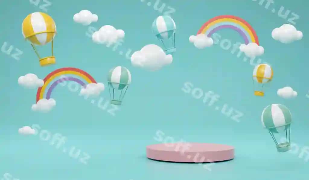 3D renderlash mahsulot stendi podium displeyi kamalak bulutlari bilan issiq havo sharlari yulduzlar fon tijorat dizayni konsepsiyasi kamalak podiumi | 3d rendering product stand podium display with rainbow clouds hot air balloons stars background commercial design concept rainbow podium