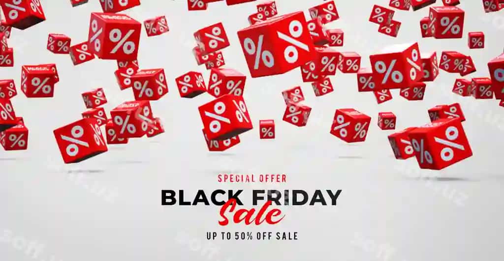 Black Friday sotuv baner shabloni tushadigan qizil kublar va foiz bilan | Black friday sale banner template with falling red cubes with percent