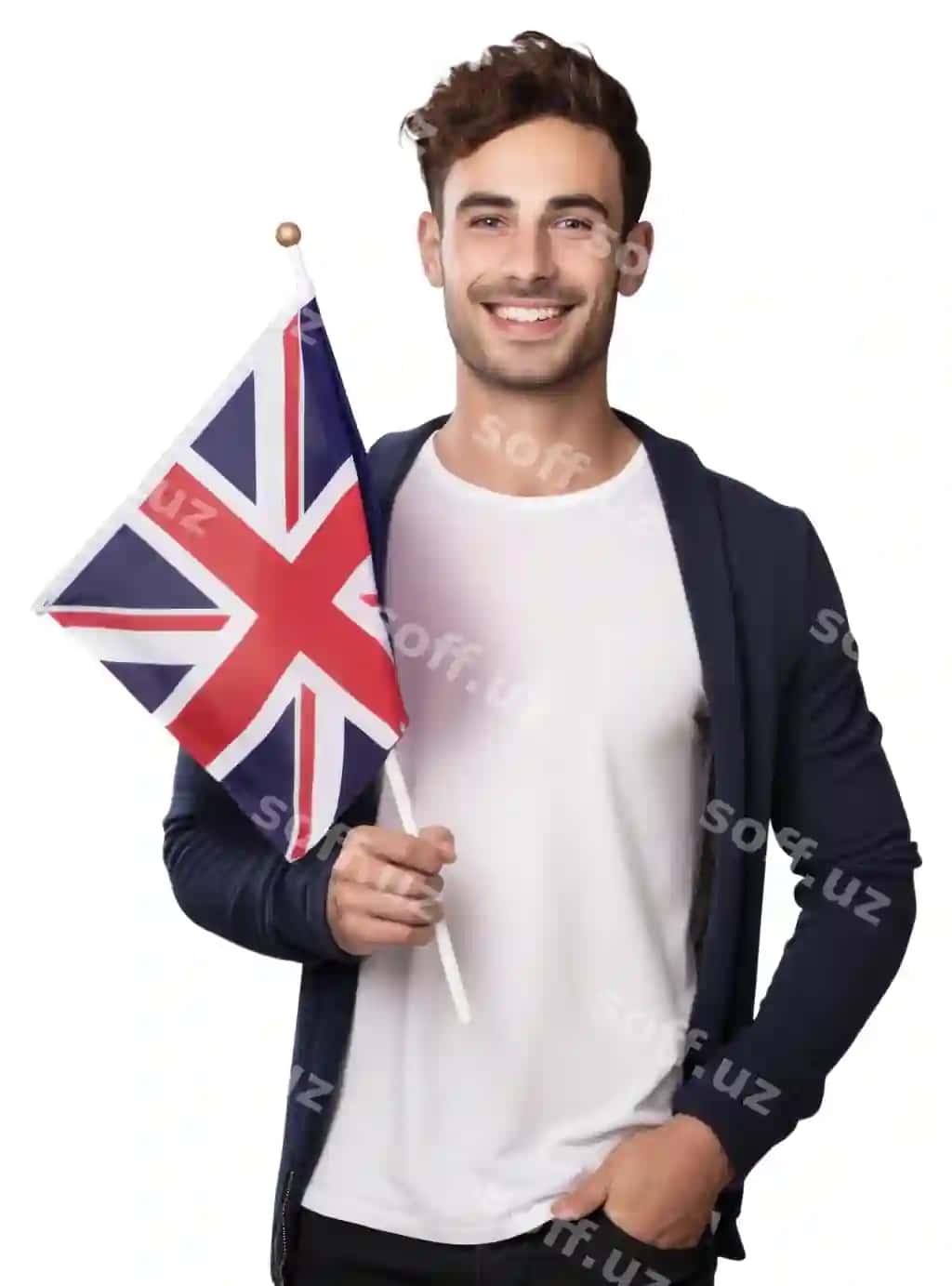 Png british universitet talabasi kichik UK bayrog'ini tutgan rasm katta yoshli oq fonda | Png british university student holding small uk flag portrait adult white background