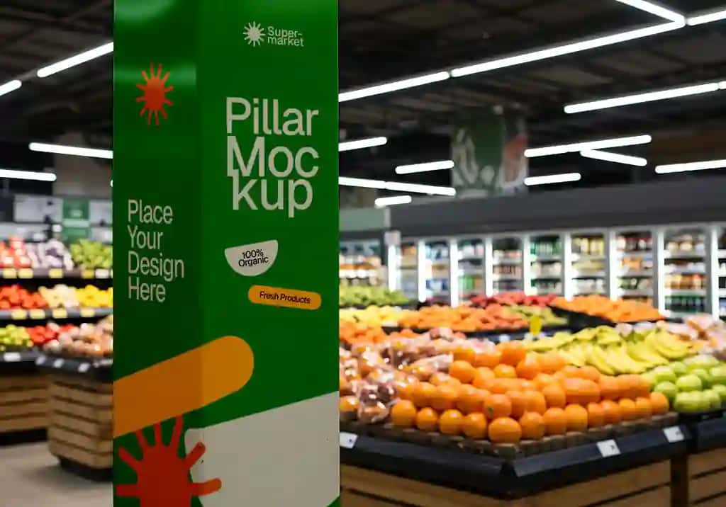 Supermarket ustunining maketi dizayni yangi mahsulotning organik brendi | Supermarket pillar mockup design fresh produce organic branding