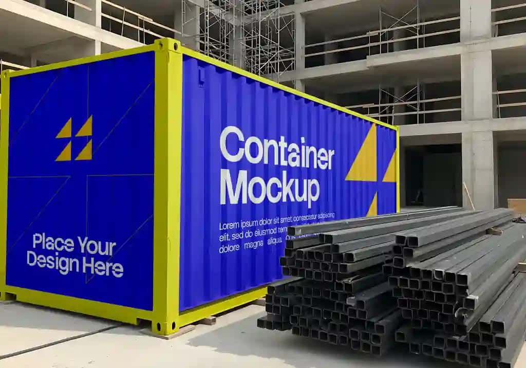 Moviy sariq yuk tashish konteyneri maketi qurilish maydonchasi | Blue yellow shipping container mockup construction site