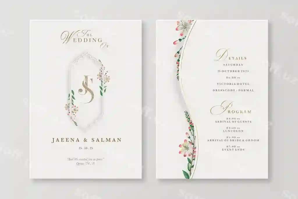 Islomiy shirinliklilar bilan yangi turmush qurish taklifi, elegant oq fondaan iborat | Islamic floral wedding invitation with elegant white background