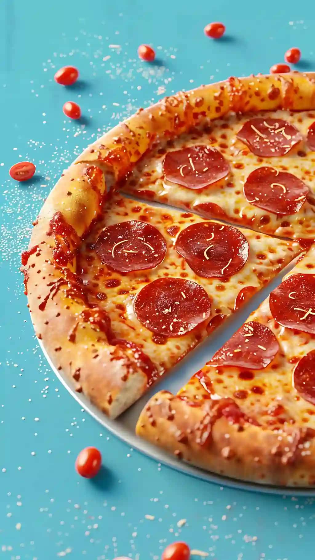 Pepperoni pizza tilim turkuaz fon | Pepperoni pizza slice turquoise background