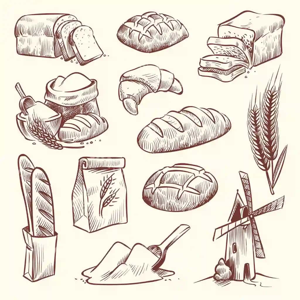 Non eskizi un tegirmoni baget fransuzcha pishiriq noni an'anaviy bug'doy | Bread sketch flour mill baguette french bake bun food wheat traditional