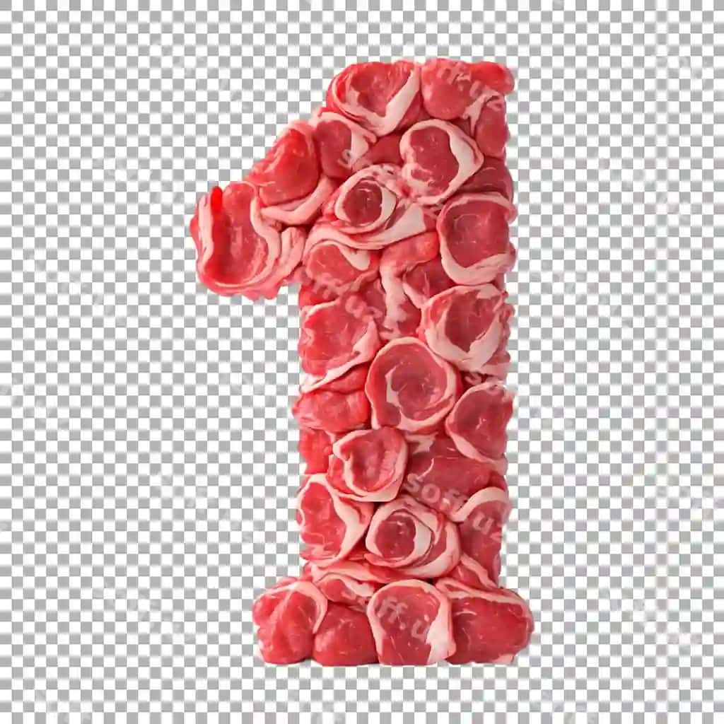 3D renderlash alifbosi №1 xom go'sht shaffof fon bilan qilingan | 3d rendering alphabet number 1 made with raw meat transparent background