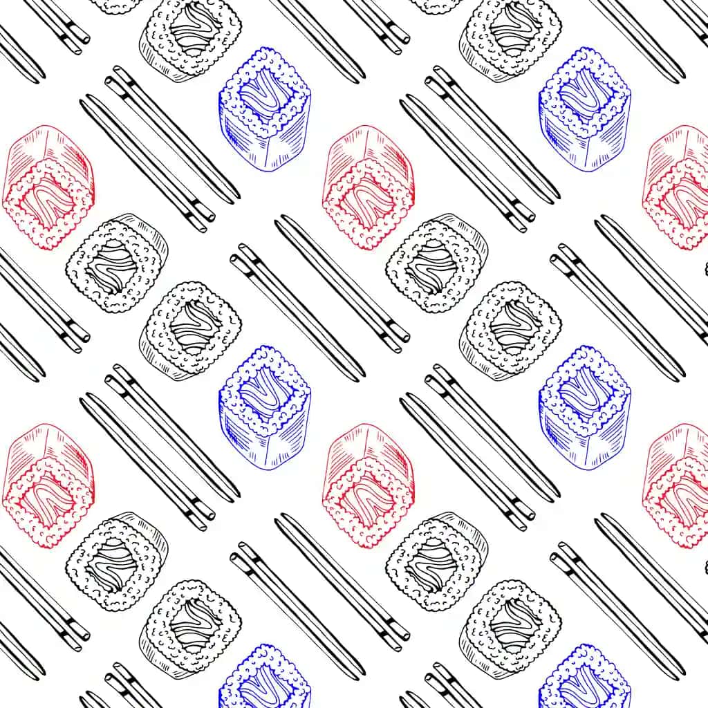 Qizil ko'k sushi chizilgan qo'lda chizilgan choksiz naqsh | Hand drawn seamless pattern with red blue sushi drawings