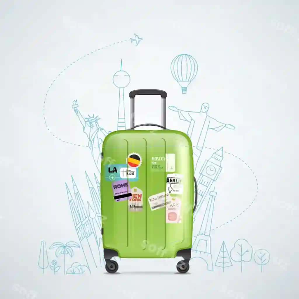 Rangli plastik sayohat sumkasi turli sayohat elementlari bilan vektor illustratsiyasi | Color plastic travel bag with different travel elements vector illustration