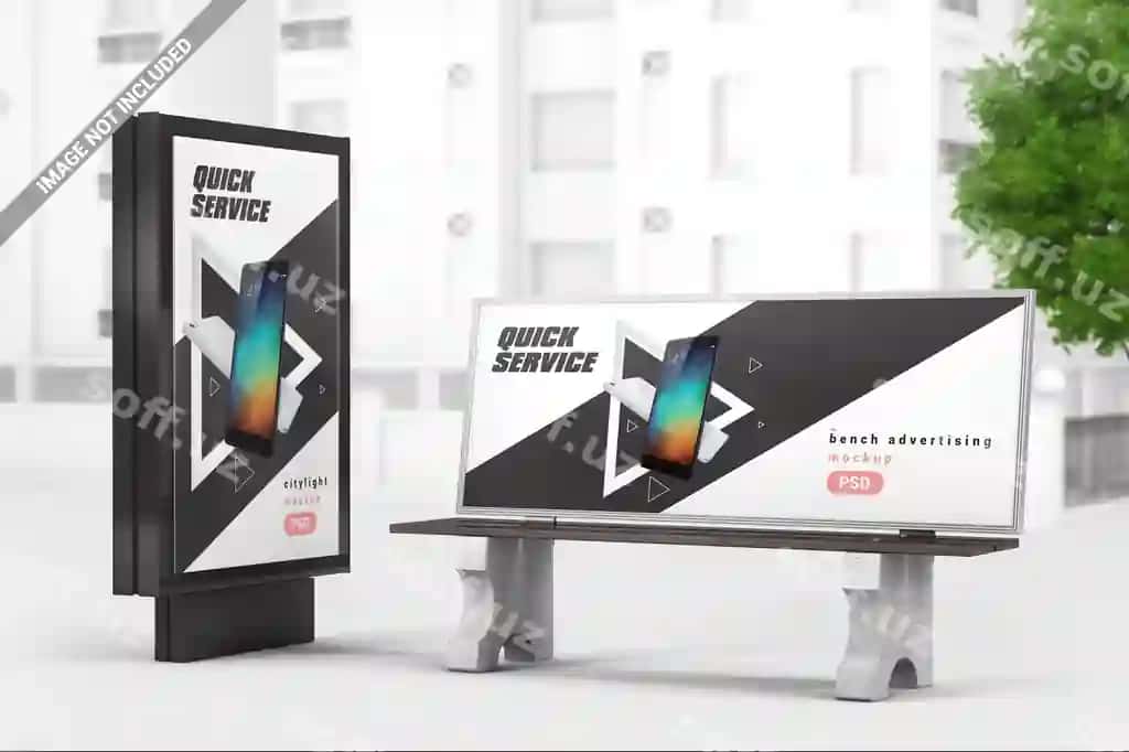Skameyka maketi bilan shahar reklama yorug'lik qutisi | City advertising light box with bench mockup