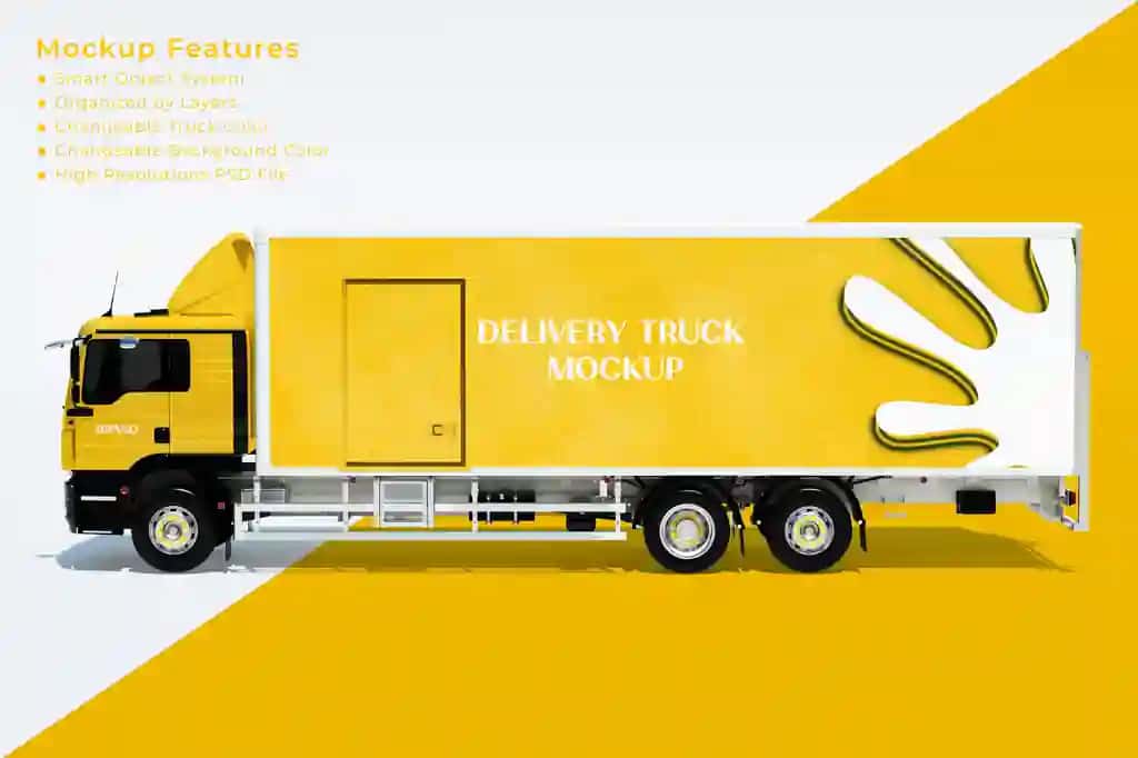 Tez yetkazib beriladigan yuk mashinasi maketining chap tomonidagi koʻrinishi | Transport fast delivery truck mockup left side view