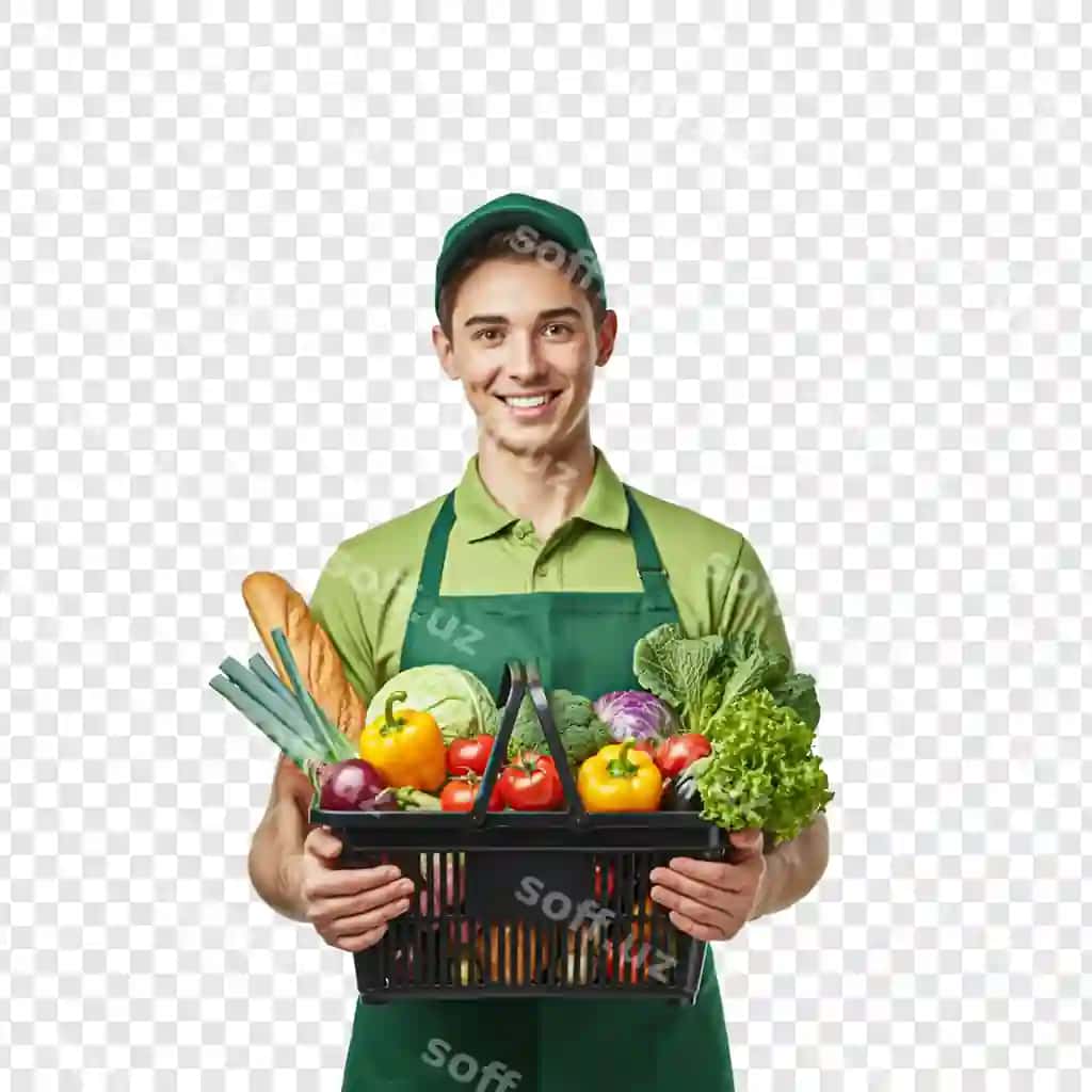 Savatda to'liq yangi sabzavotlarni ushlab turgan odam shaffof fonda ajratilgan | Man holding basket full fresh vegetables isolated transparent background