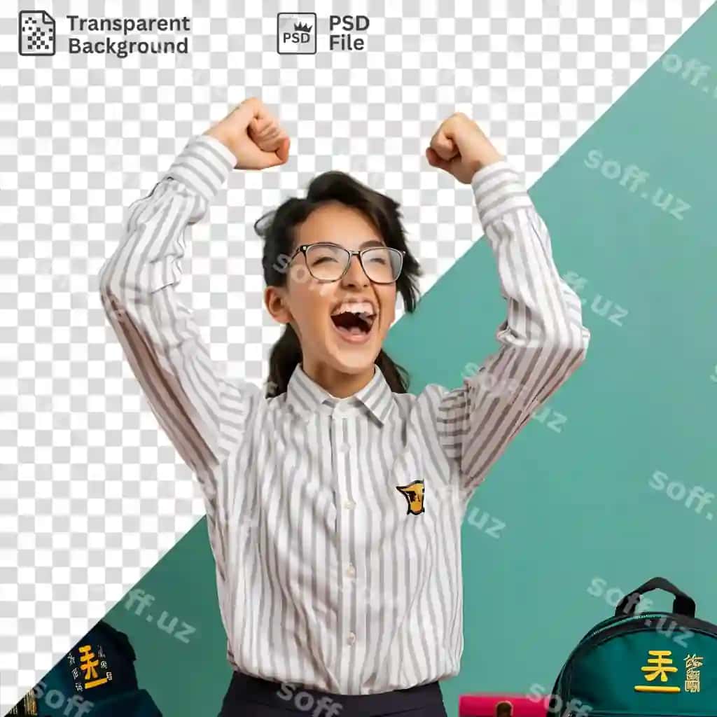 Muvaffaqiyat ifodasi ayol, qora-jigarrang sochga ega, oq chiziqlari bor kiyim | Success expression woman with brown black hair wearing striped white