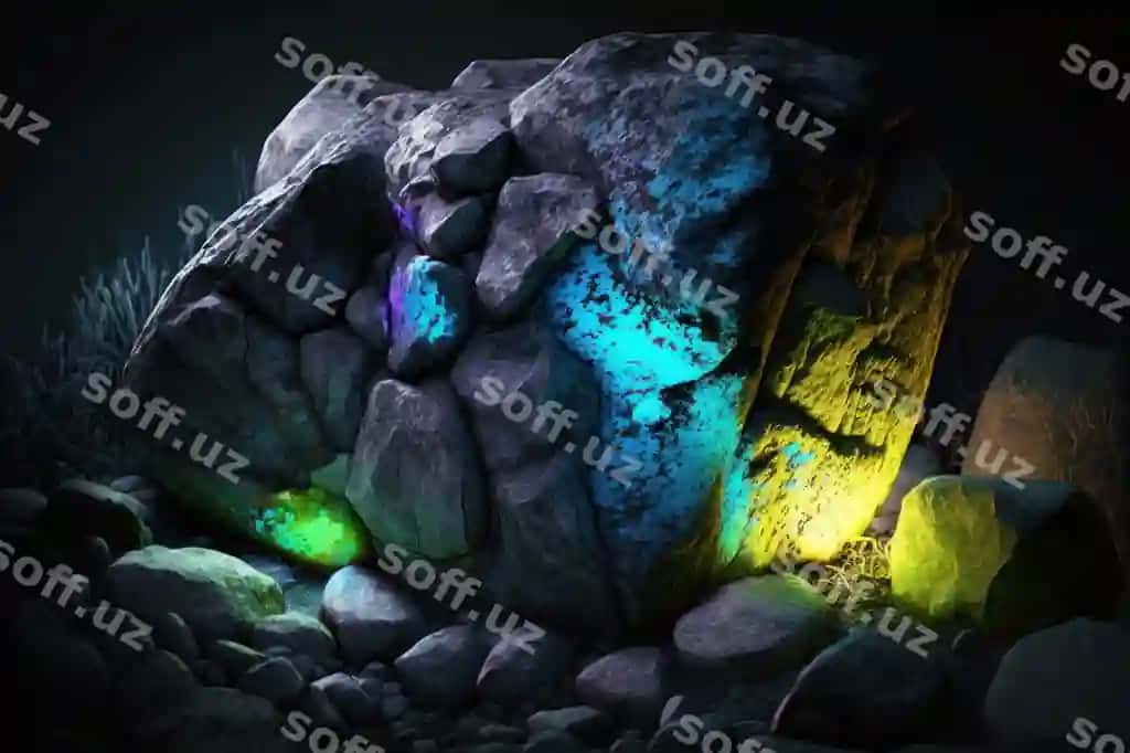 Fantaziya to'shkalar anontsik orqa fonda neon yoritish bilan | Fantasy stones abstract background with neon lights