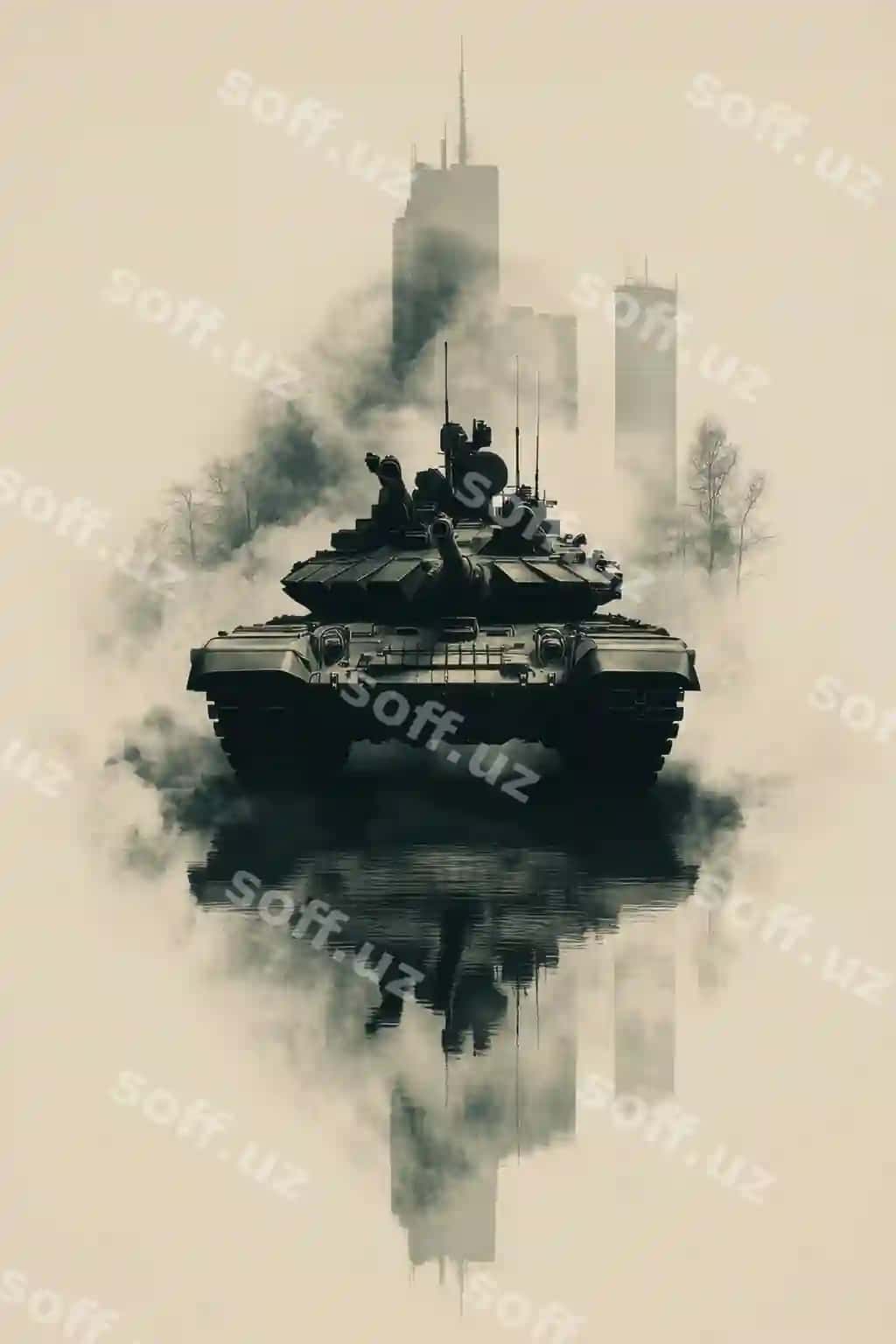 Abstrakt siluetlar tanklar simmetrik tarzda joylashgan, ajraltirilgan, pastel jigarrang orqa fonda | Abstract silhouettes tanks aligned symmetrically isolated muted pastel gray backdrop