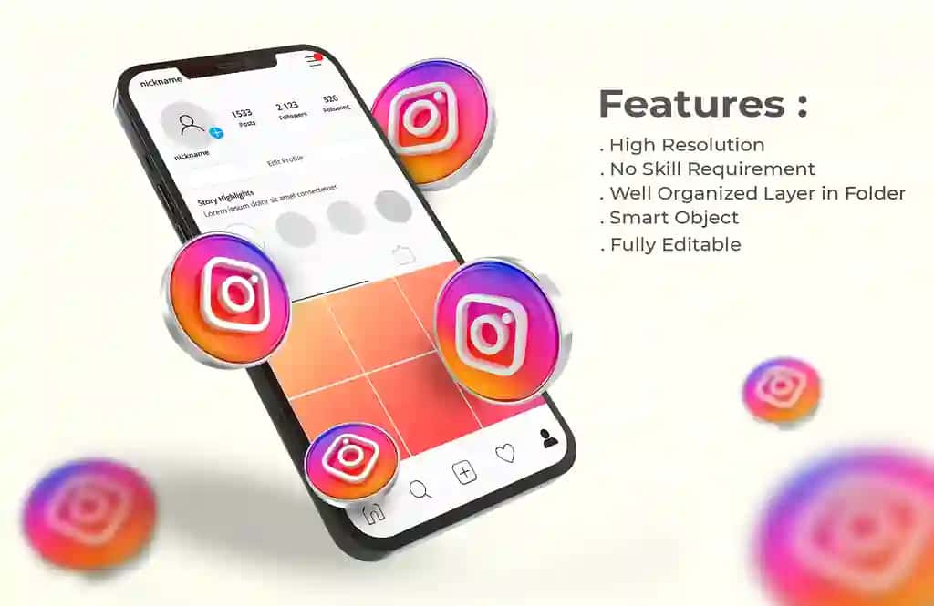 3D logotipli Instagram mobil telefon maketi | Instagram mobile phone mockup with 3d logo