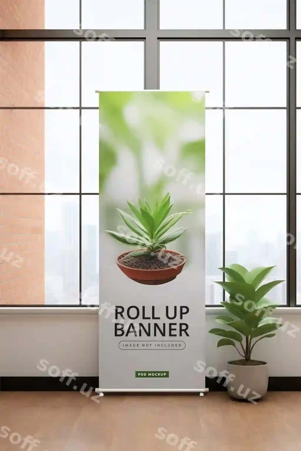 Aylanma baner namunasi o'simliklar bilan minimalistik faza | Roll up banner mockup with plants minimalist space