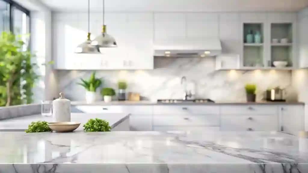 Marmar stol usti kosa ko'katlari bilan oshxona | Kitchen with marble counter top bowl greens