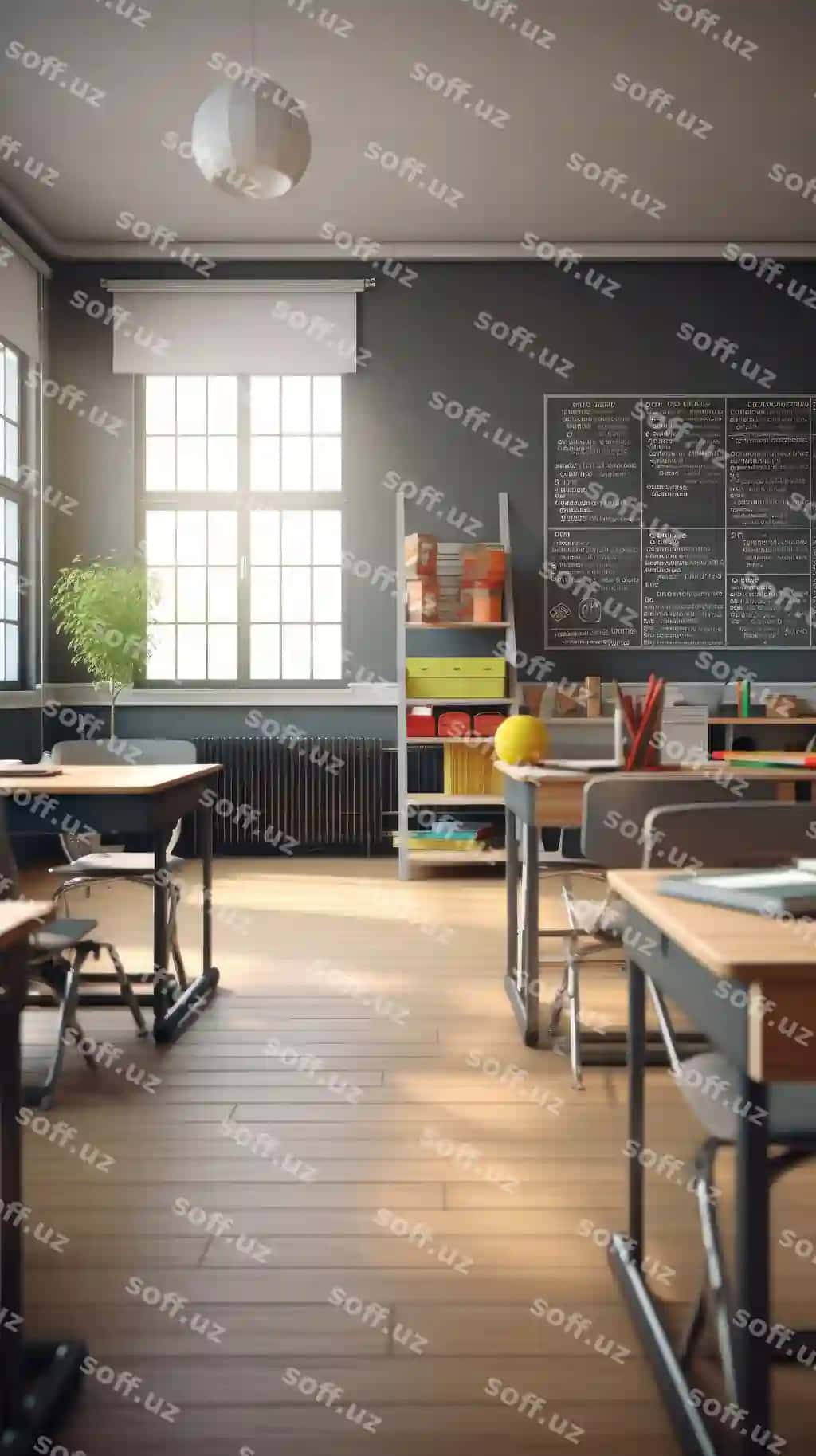 Doska stollari bilan sinf xonasi generativ ai | Classroom with blackboard desks generative ai