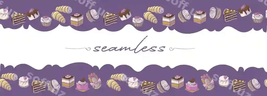 Gorizontal chegara naqshli tort pirog tilimlari fonida novvoyxona bilan | Horizontal border pattern with cake pie slices background with bakery
