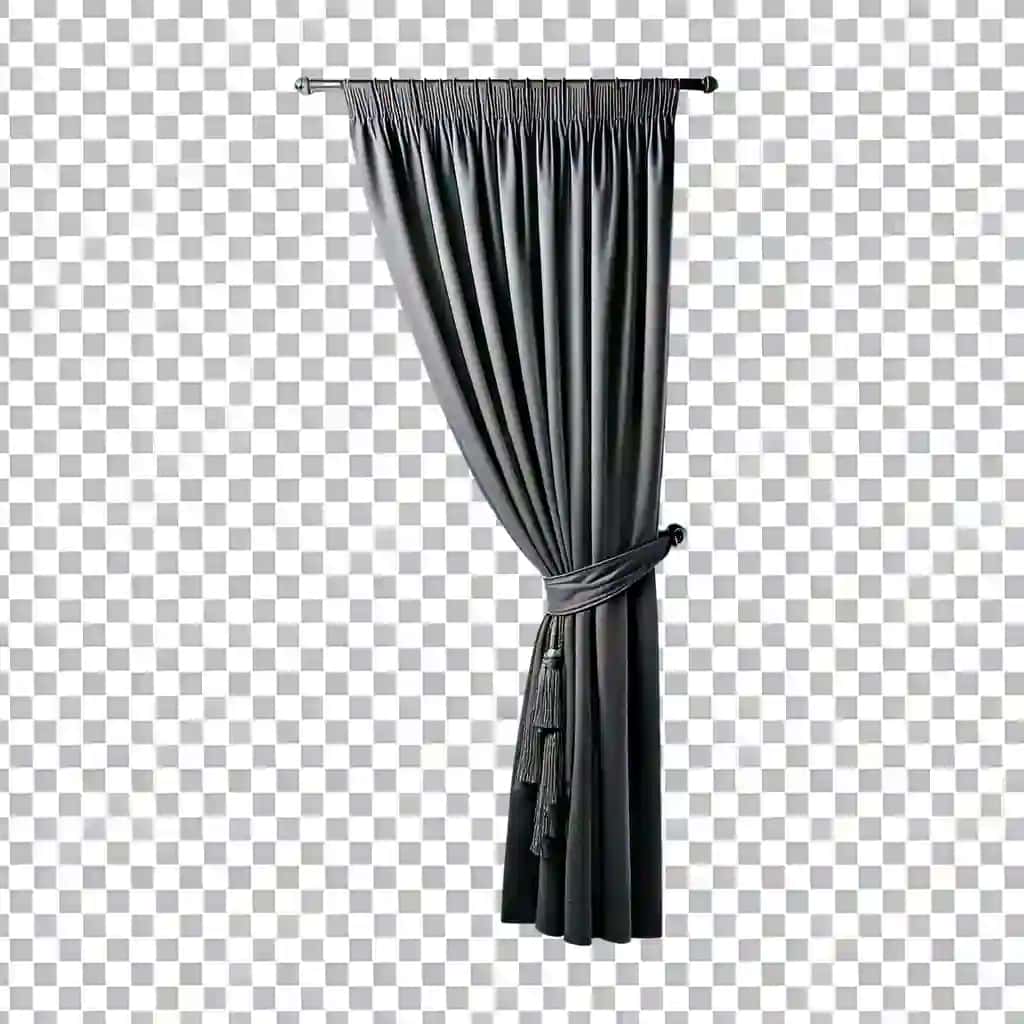 Nafis kulrang parda, tasmali bog'ichli murakkab | Elegant grey curtain with tassel tieback enhancing sophisticated