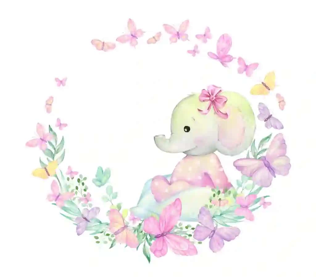 Kapalaklar o'simliklari bilan o'ralgan kichik fil akvarelda o'tiradi | Little elephant surrounded by butterflies plants sits watercolor