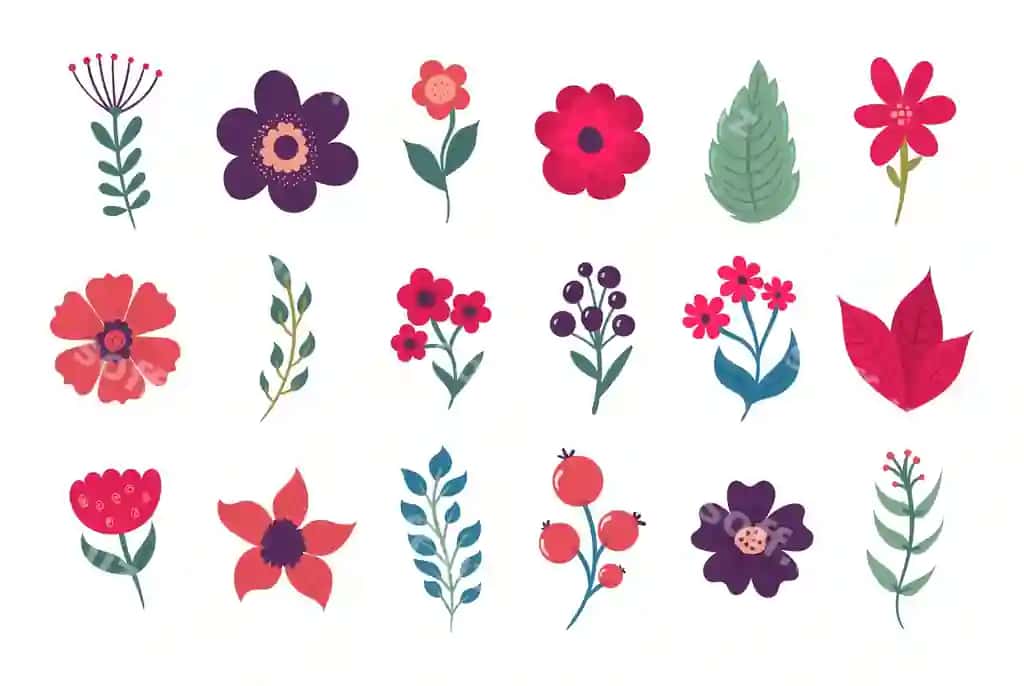 Rangli gullar tekis uslubdagi karykatur oq fonda | Colorful flowers flat style cartoon white background