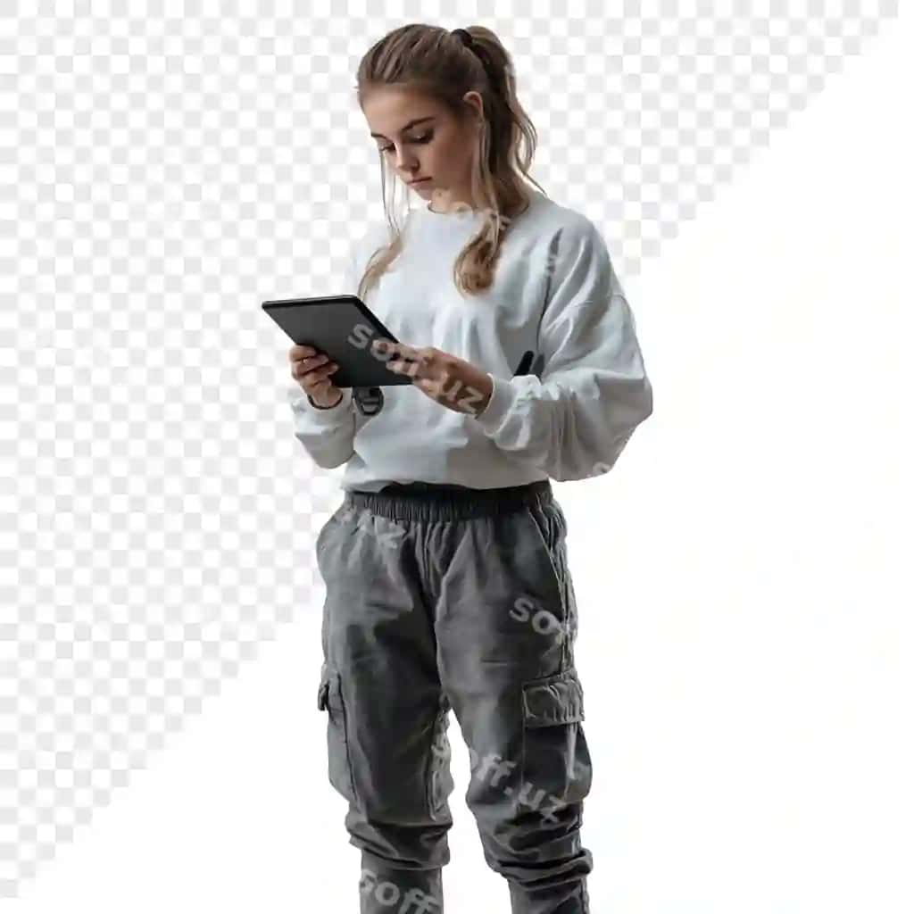 Qiz tablet bilan uning qo'lida so'z uni | Girl with tablet her hand word it