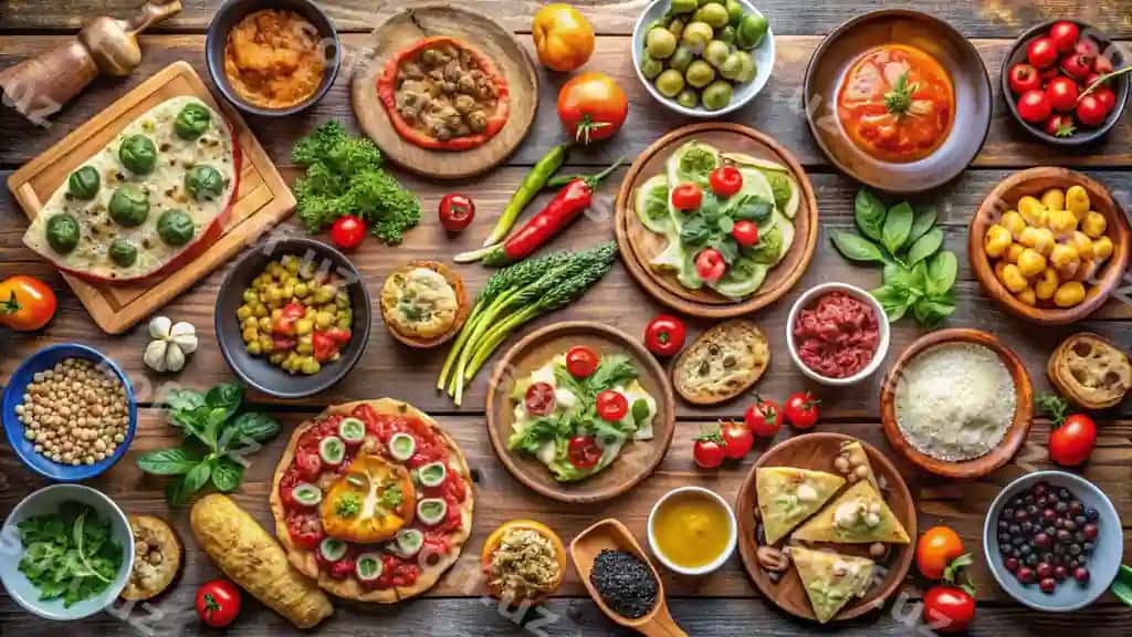 Ko'p turli xil ovqatlar, jumladan, sabzavotli deb yozilgan stol | Table with many different foods including one that says veggie