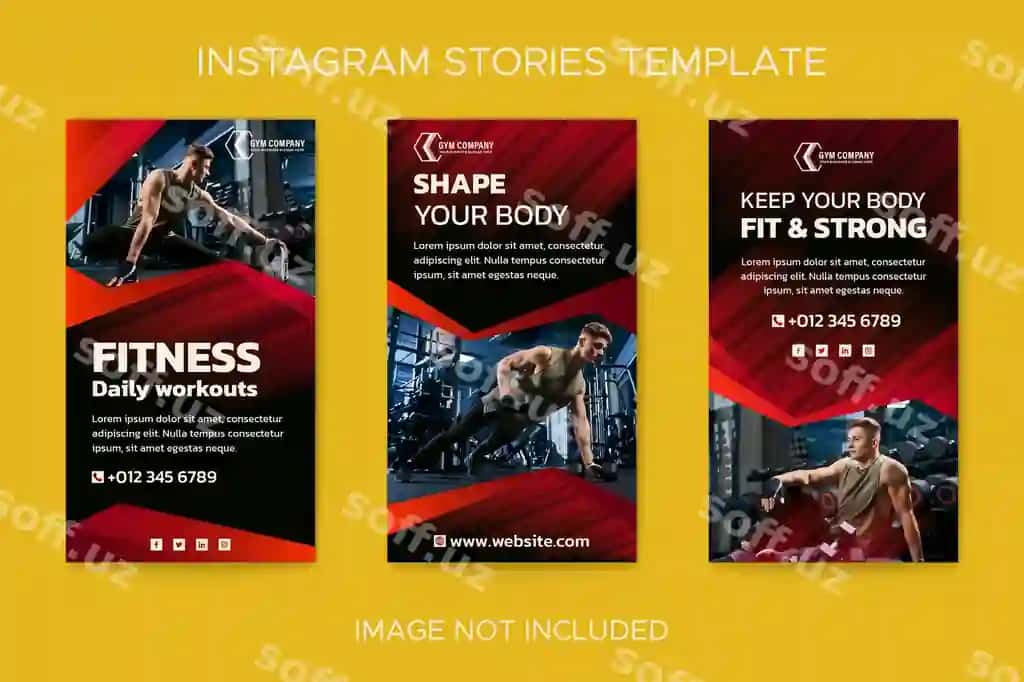 Sport zali mashqlari fitnes mashg'ulotlari ijtimoiy media instagram hikoyalari to'plami | Gym workout fitness training social media instagram stories collection
