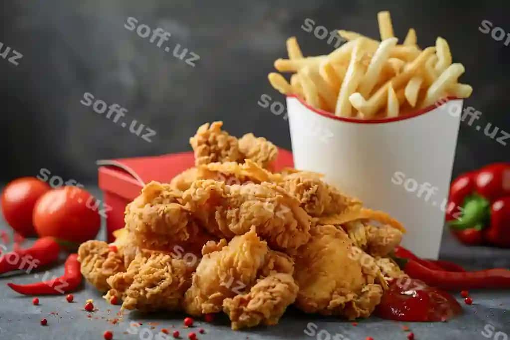 Qovurilgan tovuq oyoq frenc fries sousi yongoq orqa fonda | Fried chicken legs with french fries sauce wooden background
