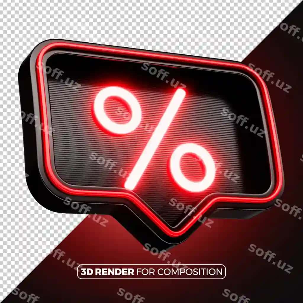 Foiz ikonasi qizil 3D renderlangan neon chiroq bilan | Percentage icon with red 3d rendered neon light