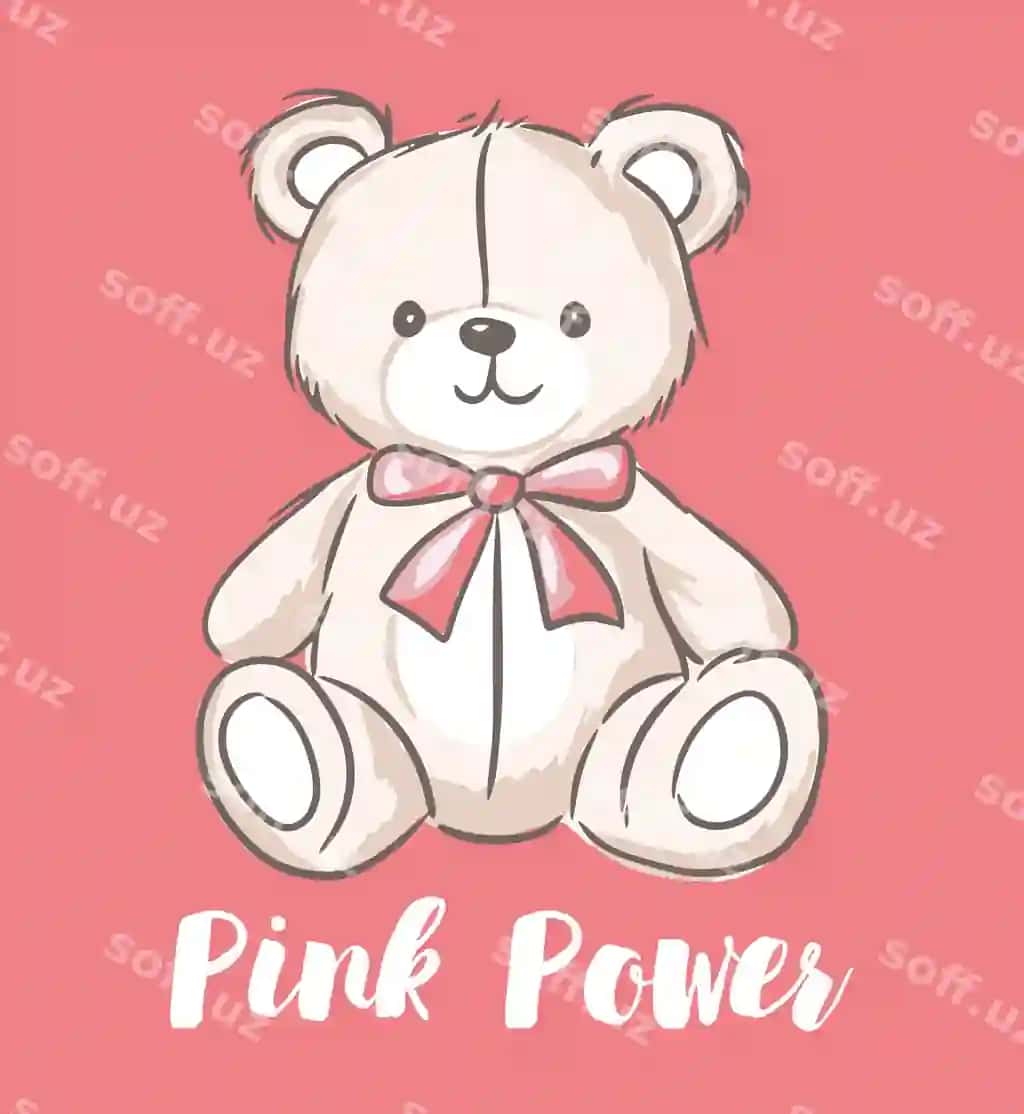 Pushti fonda o'tirgan pushti kamonli yoqimli ayiqcha va "pushti kuch bolalar qizlari dizayni" iborasi bilan | Cute teddy bear with pink bow sitting against pink background with phrase pink power kids girl design