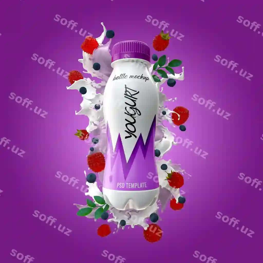 Yo'gurt shishasi sut splash bilan malina kok uzumlar mockup | Yogurt bottle with milk splash raspberry blueberries mockup