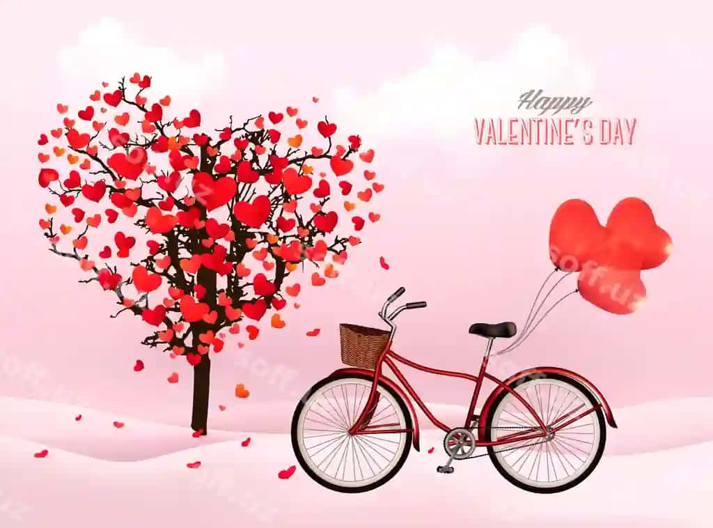 Sevgililar kuni uchun yurak shaklidagi daraxt, velosiped va yuraklar bilan orqa fond | Valentine s day background with heart shaped tree bicycle with heart