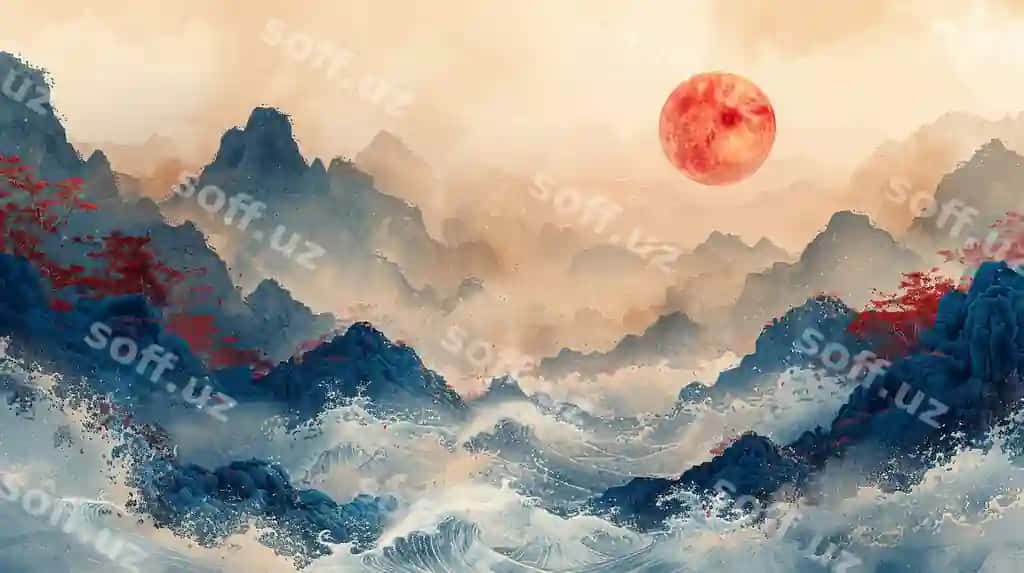 Yapon uslubidagi bulutli to'lqinli akvarel fonida generativ ai illyustratsiyasi | Generative ai illustration watercolor background with clouds waves japanese style
