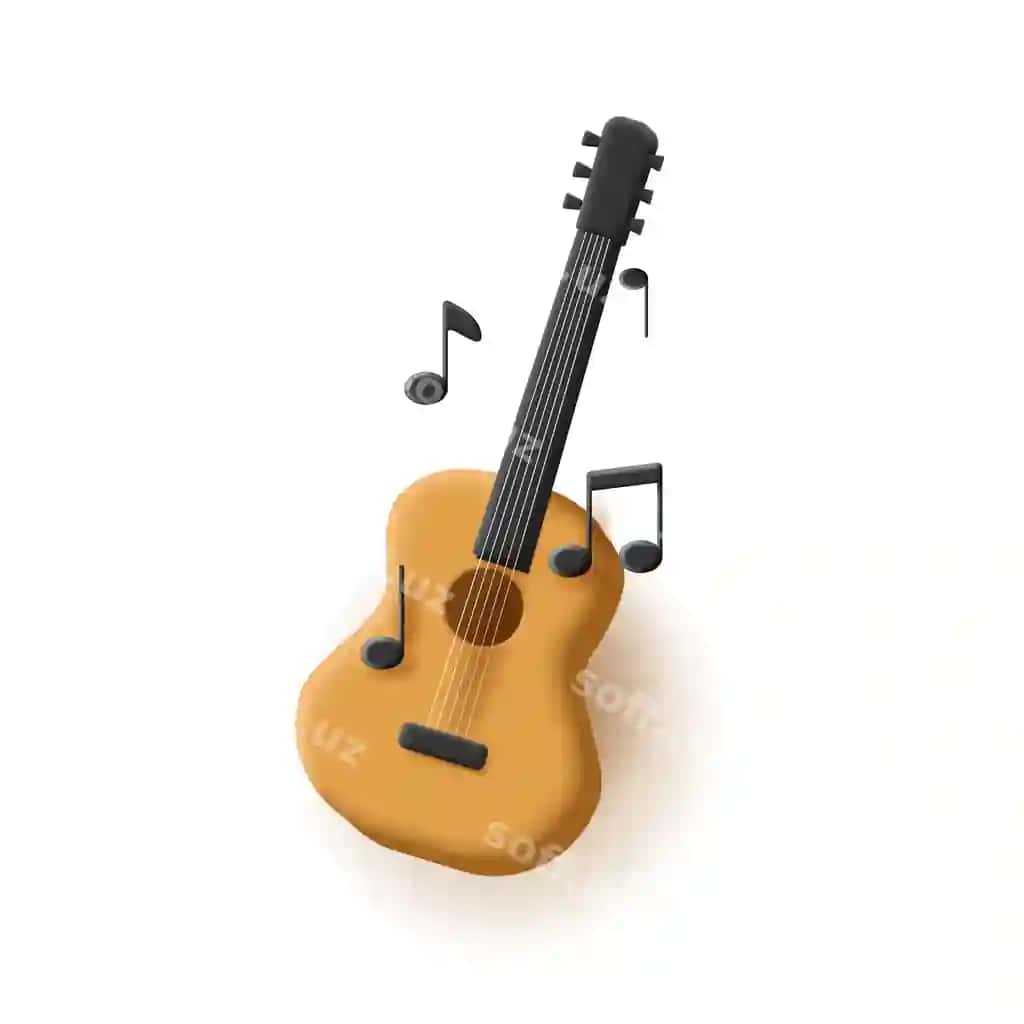 Klassik tovush shaklidagi notalar bilan gitara 3D illyustratsiyasi | Guitar 3d illustration with notes classic volume shape