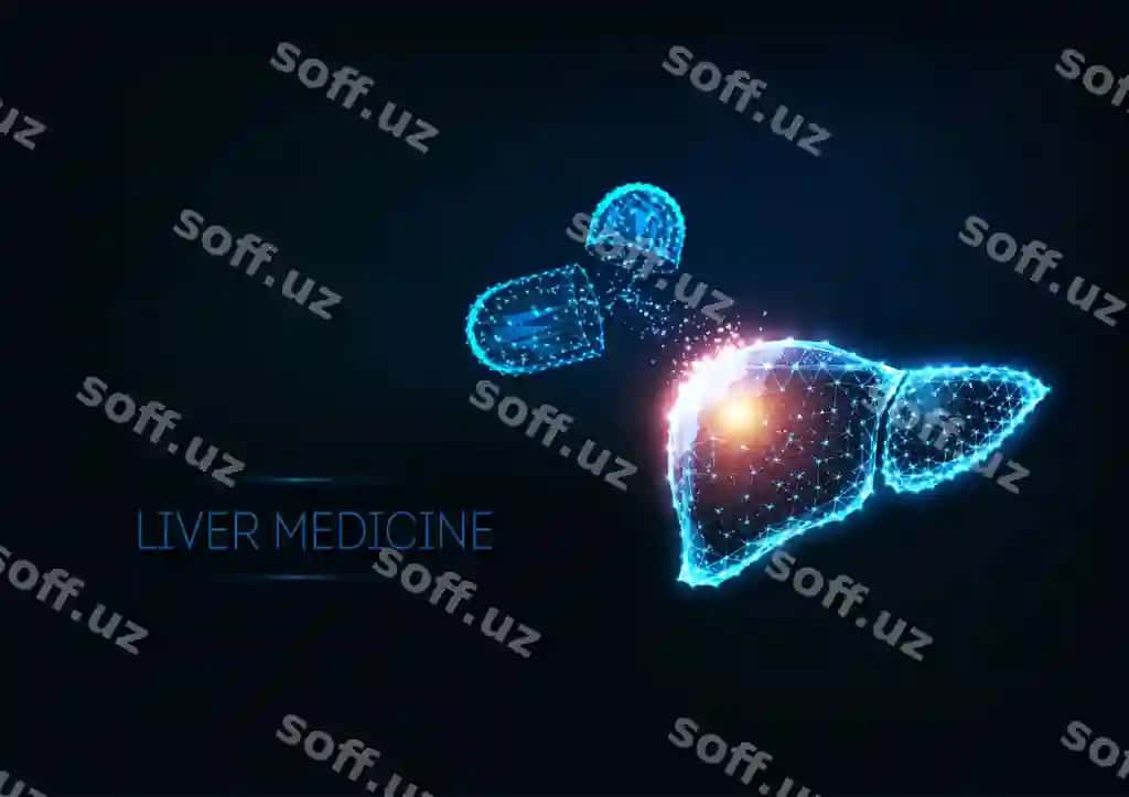 Yorqin ko'pburchakli futuristik jigarni davolash illyustratsiyasi | Futuristic liver medical treatment illustratation with glowing polygonal