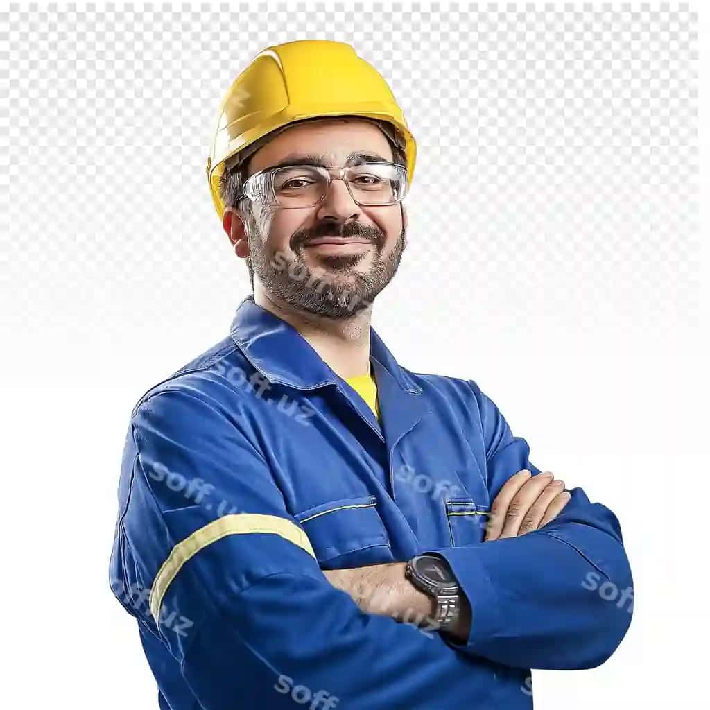 Erkak qo'llari qatlab, ko'k rangli qatki qipaq ko'z qoraldi kiygan | Man wearing blue hard hat glasses with his arms crossed