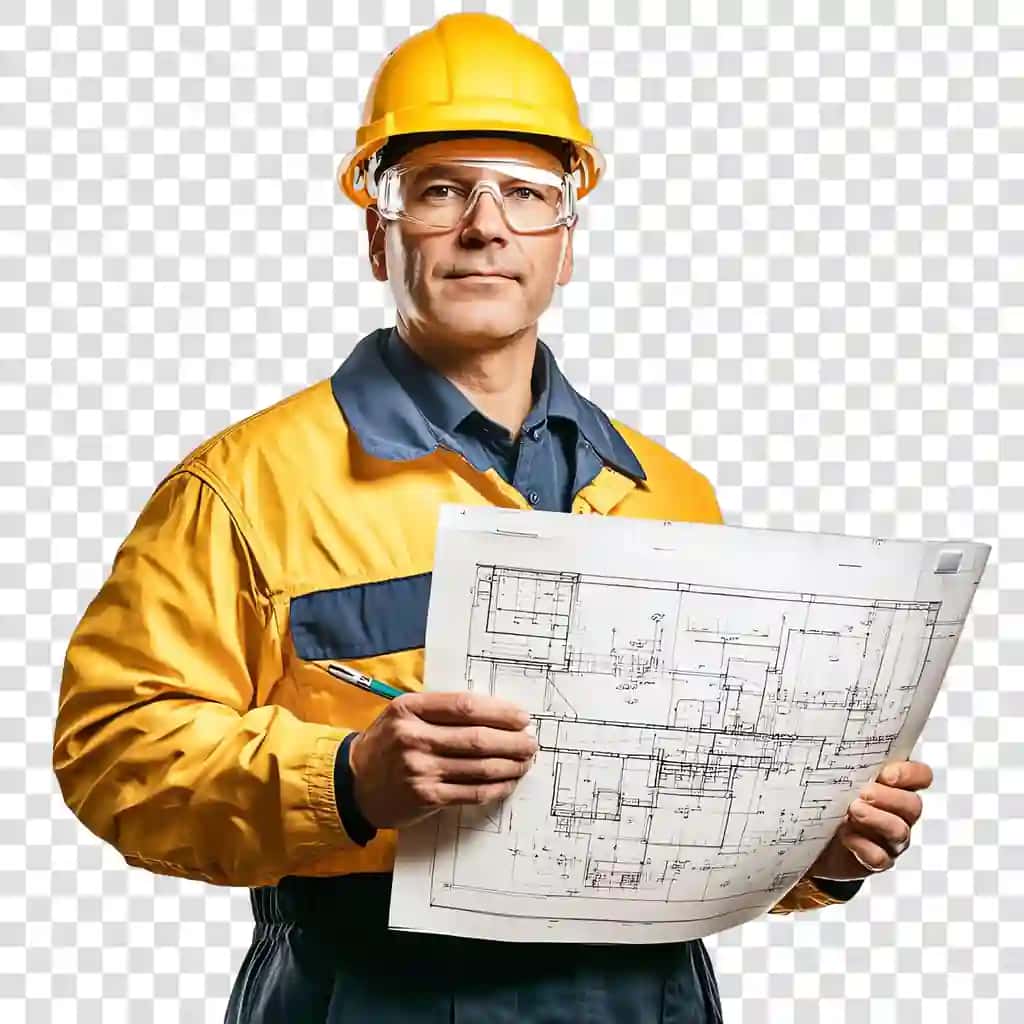 Portret muhandisi chizmani ushlab turgan sariq shlyapa xavfsizlik ko'zoynagi | Portrait engineer hard yellow hat safety glasses holding blueprint