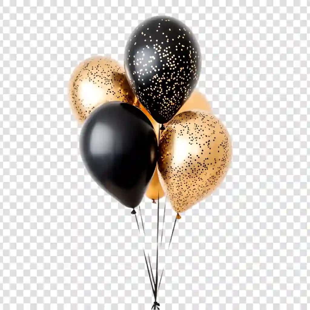 Qora oltin sharlar bir-biriga to'plangan bayram munosabati bilan shaffof | Black gold balloons clustered together festive occasion transparent