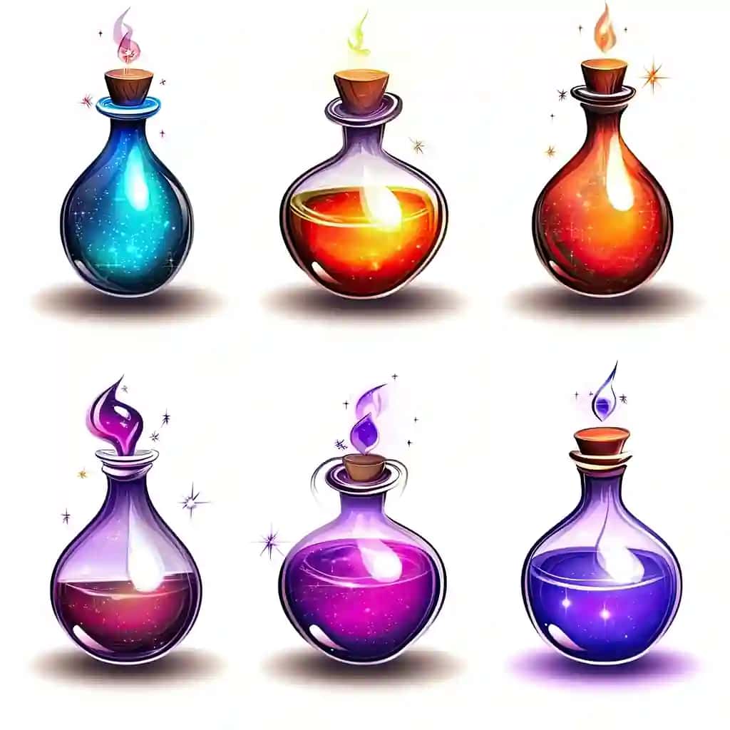 Oltita sehrli shisha butilkalar, tepalari porlab turadigan sehrli iksirlar | Six enchanting glass bottles magical potions with glowing tops