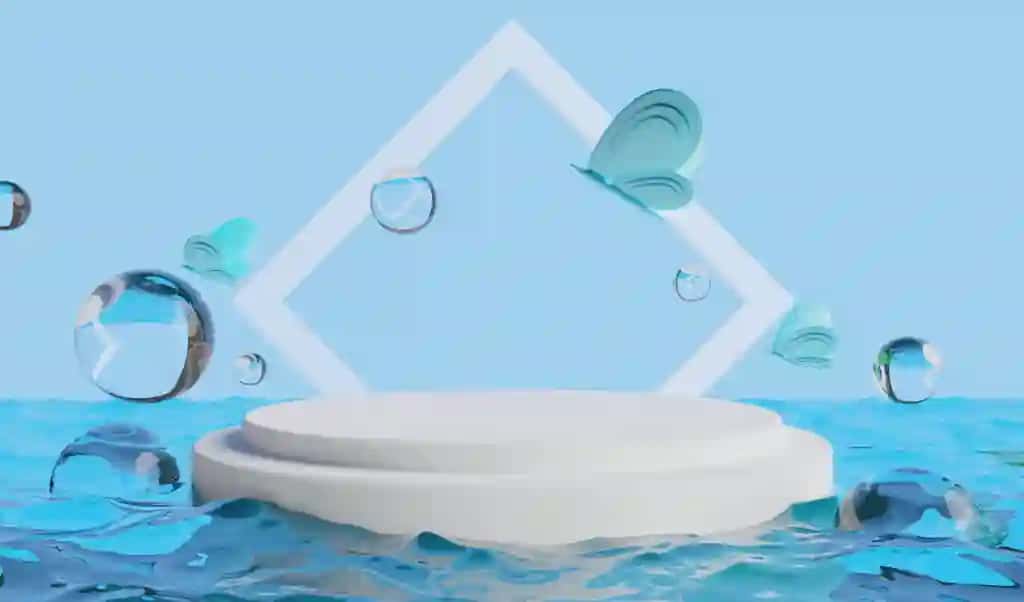 Retrofuture y2k 2000s frutiger aero aqua web 20 porloq sahna podiumi bilan mahsulot vitrinasi 3D illyustratsiya mavhum fon bilan renderlangan | Retrofuture y2k 2000s frutiger aero aqua web 20 gloss with stage podium product display showcase 3d illustration rendering abstract background