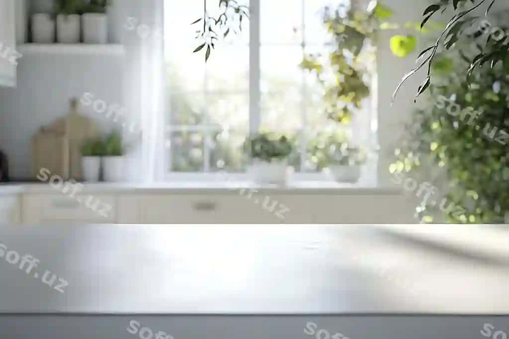 Oq stol o'simliklar bilan oynadagi fonda | White table with plants it window background